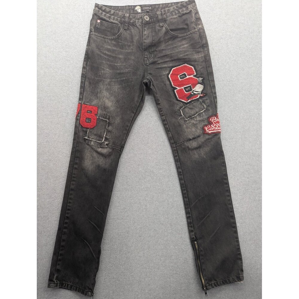 Staple Jeans Mens 30 Black Distressed Patchwork Zipper Ankle Positive Social